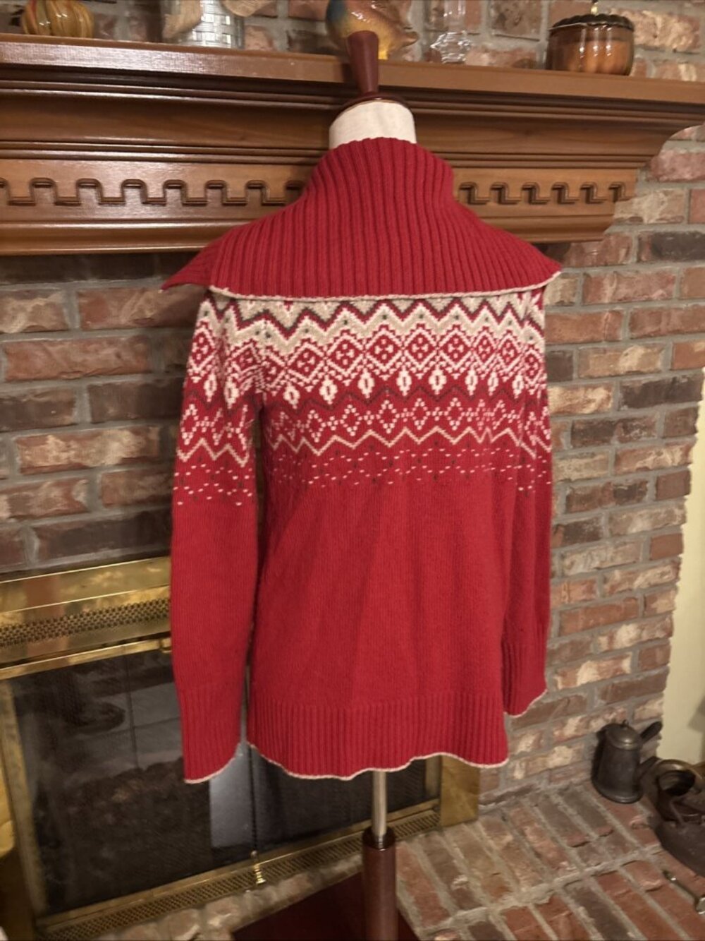 Eddie Bauer Red Fair Isle Wool Blend Full Zip Cardigan Sweater Womens Medium - Picture 3 of 6